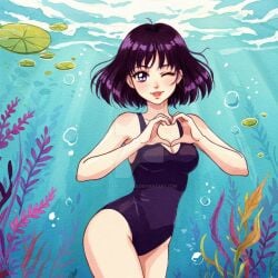 adult_swim ai_generated alluring athletic_female bikini bishoujo_senshi_sailor_moon bishoujo_senshi_sailor_moon_s bishoujo_senshi_sailor_moon_supers black_hair cleavage female heart_symbol hotaru_tomoe medium_breasts one-piece_bikini purple_eyes solo stark-astrea toei_animation toonami underwater viz_media wink