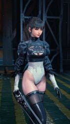 3d crossover_cosplay eve_(stellar_blade) female leotard looking_at_viewer nier:_automata selfie solo stellar_blade twitter_username watermark yorha_2b_(cosplay)