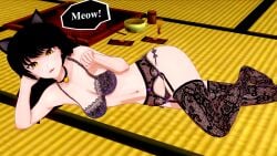 1girls bell_choker black_hair blake_belladonna bra cat_ears cat_smile dialogue faunus garter_belt koikatsu laying_down lingerie looking_at_viewer perfect_idiot rwby speech_bubble thighhighs