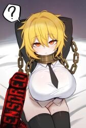 1boy ? absurdres arms_behind_head big_breasts black_necktie black_thighhighs blonde_hair blush bondage bottomless bound bound_wrists breasts censored censored_(project_moon) chains closed_mouth commentary_request don_quixote_(limbus_company) don_quixote_(project_moon) erection eyelashes female hair_between_eyes hair_intakes highres huge_breasts index_(identity)_(project_moon) index_don_quixote kisa_(leg3043) korean_commentary large_breasts limbus_company lobotomy_corporation looking_at_viewer massive_breasts necktie on_bed orange_eyes penis project_moon red_pupils short_hair sitting skindentation spoken_question_mark straight thighhighs