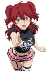 1girl 1girls ai_generated big_breasts black_panties breasts chocker collar female female_only freckles freckles_on_face ginger ginger_female ginger_hair gundam gundam_00 mobile_suit_gundam nena_trinity nipples_bulge panties pointing_at_viewer pointy_ears punk_girl red-haired_female red_hair red_hair_female redhead redhead_female redheaded_female short_skirt sole_female t-shirt tagme twintails twintails_(hairstyle) yellow-eyed_female yellow_eyes yellow_eyes_female