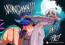 2girls ahoge ai_generated artist_name bangs blue_hair blush breasts briar_(league_of_legends) colored_sclera colored_skin completely_nude cum cum_in_mouth english_text fellatio flower from_below full_moon futa_with_female futanari hair_flower hair_ornament hand_on_another's_head irrumatio league_of_legends medium_breasts medium_hair moon multicolored_hair multiple_girls neeko night night_sky nipples nude oral outdoors penis pink_eyes pink_flower pink_hair pointy_ears riot_games sharp_teeth shiny shiny_hair sky smile teeth testicles tillian tree veins white_hair