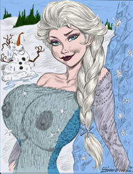 2014 areola big_breasts braid breasts busty cleavage color colored disney disney_princess elsa_(frozen) erect_nipples frozen_(film) huge_breasts julius_zimmerman lipstick nipples olaf_(frozen) pervynamek02 seductive see-through smile tied_hair voluptuous