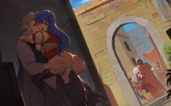 3girls 4boys absurdres against_wall alley anus anus_peek armor ass blue_hair breasts caeda_(fire_emblem) cape caught cheating cheating_wife commentary english_commentary exhibitionism fire_emblem fire_emblem:_mystery_of_the_emblem fire_emblem:_radiant_dawn fire_emblem_fates grey_hair grin highres hug in-franchise_crossover laslow_(fire_emblem) medium_breasts micaiah_(fire_emblem) multiple_boys multiple_girls penis princess public_indecency pussy royalty scarf sex shade shoulder_armor smile stealth_sex straight teenage_girl teenager timbocactus upright_straddle vaginal_penetration