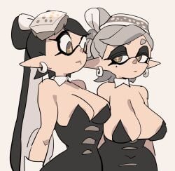 2girls big_breasts black_hair breasts callie_(splatoon) clothed cowboy_shot digital_media domino_mask female huge_breasts inkling light-skinned_female light_skin long_hair marie_(splatoon) nintendo panties simple_background splatoon splatoon_(series) squid_sisters standing tentacle_hair thick_thighs thighs wide_hips yuta_agc