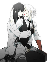 2boys allen_walker black_hair bulge cadsu d.gray-man drooling kanda_yuu kissing long_hair male_only multiple_boys saliva short_hair simple_background tattoo white_hair yaoi