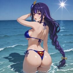 1girls ai_assisted ai_generated ass ass_focus beach big_ass big_breasts bikini bikini_bottom bikini_top blue_bikini breasts crossover dc dc_comics expressions female female_focus female_only genshin_impact legs light-skinned_female medium_breasts purple_eyes purple_hair raiden_shogun seducing seductive seductive_body seductive_eyes seductive_gaze seductive_look seductive_mouth seductive_pose seductive_smile solo solo_female solo_focus superman superman_(series) superman_logo themed_clothes tongue_out