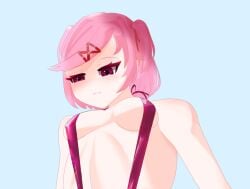 1girls annoyed annoyed_expression annoyed_face bob_cut breasts bsky_link doki_doki_literature_club female female_focus female_only low-angle_view menacing natsuki_(doki_doki_literature_club) natsukiarc pink_eyes pink_hair short_hair simple_background solo swimsuit team_salvato tsundere twintails twitter_link work_in_progress x_hair_ornament