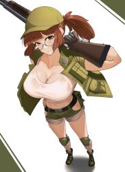 absurdres baseball_cap belt black_belt black_boots black_border blunt_bangs boots border breasts brown_eyes brown_hair brown_shorts carrying_over_shoulder check_clothing cleavage clothing_request commentary crop_top dutch_angle eipanguino english_commentary female fio_germi floating_hair from_above glasses gloves green_hair green_vest grey_gloves gun hat head_tilt highres holding holding_gun holding_weapon huge_breasts knee_pads looking_at_viewer medium_hair metal_slug midriff navel ponytail rifle short_side_ponytail shorts simple_background smile solo tank_top torn_clothes torn_shorts vest weapon white_background white_tank_top