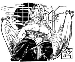 1girl 1girls big_breasts breast_squish breasts breasts_bigger_than_head breasts_out breasts_out_of_clothes breasts_tied chest_tuft chest_wraps feather_hair feathered_wings feathers half_naked harpy harpy_girl heavy_breasts huge_breasts katsutentacle kimono naked_breasts nipples owl owl_girl smoke smokepowder squish strega_fukuro_(smoke_powder) tits_bigger_than_head tits_out wing_ornament wings wraps