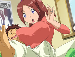 barefoot blue_eyes blush brave_beats breast_grab breasts brown_hair closed_eyes clothing erection feet female highres huge_breasts kazaguruma_fuuka kazaguruma_hibiki long_hair looking_down lying makino_tomoyasu milf mole mole_under_eye mother_and_son open_mouth pajamas ponytail ring surprised tied_hair toes wedding_ring window