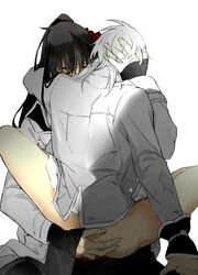 2boys allen_walker anal ass black_hair blush bottomless cadsu d.gray-man kanda_yuu long_hair male_only multiple_boys sex short_hair simple_background white_hair wince yaoi