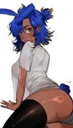 :o ass ass_focus bandage bandage_on_nose big_ass big_breasts big_butt big_thighs blue_hair booty brown_eyes brown_skin brown_skinned_female bunny_ears bunny_tail curves curvy cute cute_face dark-skinned_female dark_skin feiyuu female female_focus female_only looking_at_viewer multicolored_hair neon_(valorant) nipple_bulge panties sexy sexy_body shirt shirt_and_panties short_hair showing_ass showing_off_ass sideboob solo solo_female solo_focus thick_thighs valorant yellow_hair