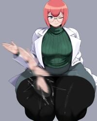 1girls blue_eyes bottom_heavy female female_focus female_only heris_ardebit hyper_thighs kneeling labcoat massive_thighs pink_hair promare ripples round_glasses senior_garabato skirt slap slapping_thigh smiley_face smirk solo solo_female solo_focus thick thick_thighs thighs thighs_bigger_than_head thighs_bigger_than_torso tight_fit tights voluptuous voluptuous_female