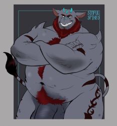 2022 alternate_species anthro bald balls beard big_balls big_penis body_hair crossed_arms demon facial_hair genitals grey_body grin happy_trail hi_res horn male mammal muscular muscular_anthro muscular_male navel nude_anthro nude_male overweight overweight_anthro overweight_male penis rhinoceros sinfulspikes smile solo spikes_(sinfulspikes) tattoo