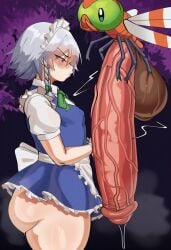 1boy 1girls ai_generated angry annoyed bottom_heavy crossover female flat_chest flat_chested generation_2_pokemon hanging_penis huge_ass huge_cock huge_thighs human large_ass large_penis long_penis looking_at_penis male male_pokemon/female_human petite pokemon pokemon_(species) pokemon_gsc pokephilia pokse sakuya_izayoi skimpy skimpy_clothes thick_thighs touhou weird_crossover yanma