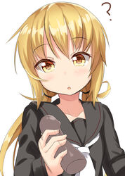 binsen black_serafuku blonde_hair blush disembodied_penis female handjob kantai_collection long_hair necktie penis satsuki_(kantai_collection) school_uniform serafuku simple_background solo tied_hair twintails white_background yellow_eyes