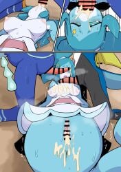 absurd_res after_sex anthro anus blush bodily_fluids brand_new_animal breasts censored censored_genitalia cetacean clothing comic cum cum_from_vagina cum_in_mouth cum_in_vagina cum_inside cum_on_body cum_on_breasts dolphin eeeshimaenaga exposed_breasts face_fucking feathers female female_penetrated generation_8_pokemon generation_9_pokemon genital_fluids genitals group group_sex hair hi_res inteleon irrumatio kneeling lying male male/female male_penetrating mammal marine nina_flip nintendo nipples on_back oral oral_penetration penetration penile penis penis_in_mouth pokemon pokemon_(species) quaquaval san_ruishin sand sex simple_background studio_trigger tail toothed_whale trio vulva