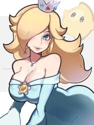 1girls bare_shoulders blonde_hair blue_dress blue_eyes breasts brooch cleavage commentary crown dress earrings english_commentary eyelashes female female_only highres jewelry large_breasts long_hair long_sleeves looking_at_viewer luma_(mario) mario_(series) necklace nintendo off-shoulder_dress off_shoulder parted_lips princess_rosalina rosalina smile star_(symbol) star_brooch star_earrings touyarokii twitter_username
