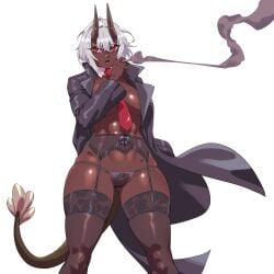 1girls abs belly_button bob_cut breasts breasts_out brigitte_marteau_(smoke_powder) cigarette collar covered_breasts covered_nipples dark-skinned_female dark_skin diaverik dragon_girl dragon_horns dragon_tail feathered_tail female garter_belt garter_belt_leggings garter_straps green_scales hips horn horns lingerie medium_breasts navel panties red_eyes scales shirtless short_hair smokepowder smoking stockings tail tasteful_nudity thick_thighs thighhighs thighs tie trenchcoat white_hair_female