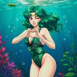 adult_swim ai_generated alluring athletic_female bikini bishoujo_senshi_sailor_moon bishoujo_senshi_sailor_moon_s bishoujo_senshi_sailor_moon_s_the_movie bishoujo_senshi_sailor_moon_supers bishoujo_senshi_sailor_moon_supers_the_movie blue_eyes cleavage female heart_symbol medium_breasts michiru_kaiou one-piece_bikini solo stark-astrea teal_hair toei_animation toonami underwater viz_media wink