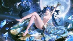 16:9 16:9_aspect_ratio 1920x1080 1girl 1girls 3840x2160 absurdres ai_assisted anime anime_character anime_girl anime_style anklet arm_up armband armpits arms_above_head arms_behind_head bare_legs barefoot beautiful best_quality blue_crystals blue_eyes blue_hair blush breasts cinematic_lighting crystal dark_blue_hair detailed_background detailed_skin dynamic_pose earrings edit edited edited_ai edited_art edited_by_uploader edited_image edited_official_artwork elegant ethereal fanart female floating_crystals flowing_hair full_moon glowing gold_trim golden_accessories golden_crown gradient_hair hair_bow hair_ornament hair_ribbons headpiece highres intricate_details iuno_(wuthering_waves) jewelry large_moon legs legs_bent legs_crossed legs_together legs_up lens_flare light_blue_hair long_hair looking_at_viewer lying_on_back masterpiece medium_breasts moleistheman naked naked_female naked_woman nebula nipples nude nude_edit nude_female nudity one_leg_raised outer_space perfect_body petite petite_body petite_female pink_nipples reclining sci_fi seductive seductive_smile sexy sexy_female sexy_pose sexy_woman shiny_skin sitting smile solo space sparkles starry_sky twintails volumetric_lighting white_fabric wind wuthering_waves
