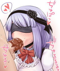 1boy 1girls blindfold blush breasts chocolate_on_penis dagashi_kashi fellatio female flower hair_flower hair_ornament hairband highres large_breasts oral penis purple_hair rantana_(lalalalackluster) shidare_hotaru short_hair solo_focus straight tongue tongue_out