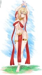 1girls absurdres armpits arms_up barefoot blonde_hair blue_eyes blush bracelet breasts colored_extremities commissioner_name female full_body gold_bracelet gold_collar grass hair_between_eyes hair_ornament harem_outfit heart heart_hair_ornament highres jewelry kaneko_lumi legs nail_polish navel pelvic_curtain phase_connect second-party_source sexy solo takoroki thighs toenail_polish toenails twitter_username virtual_youtuber vtuber