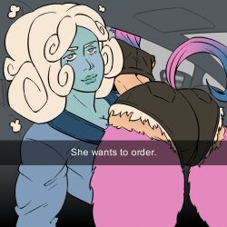 a_ferida_no_mundo ass ass_focus bad_days_(a_ferida_no_mundo) blue_eyes blue_skin caption car cloud_hair he_wants_to_order katrina_(a_ferida_no_mundo) looking_at_viewer meme original_character pink_fur short_shorts srtroxinha_(artist) tail white_hair yuri