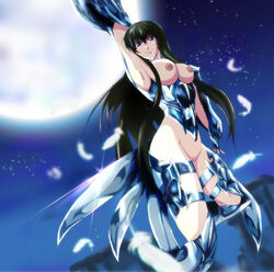 1girls areolae armor armored_boots black_hair blue_eyes breasts edit feathers female female_only human large_breasts long_hair looking_at_viewer moon night nipples no_panties owl_partita pussy saint_seiya:_the_lost_canvas smile specters stars thick_thighs thighs topless wide_hips