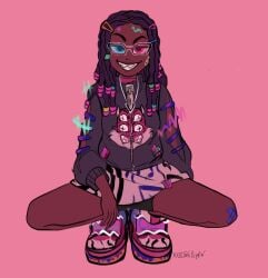 2girl big_shoes clothed clothed_female clothing dark-skinned_female dark_skin female female_only female_solo fortnite heterochromia imani_(fortnite) jacket looking_at_viewer shoes skirt smile smiling smiling_at_viewer solo squatting xxxchillipepper_(artist) xxxpepper