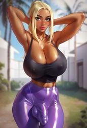 1futa ai_generated armpits arms_up ass big_ass big_breasts bimbo blonde_hair blush breasts bulge cleavage clothed clothing covered_nipples curvaceous curvy depth_of_field detailed_background detailed_bulge erect_nipples erect_nipples_under_clothes full_length futa_only futanari hands_behind_head huge_breasts large_breasts looking_at_viewer nipples original original_character outdoors outside pants penis perfect_body phoenixeugene plump_lips ponytail pose posing self_upload shiny_skin solo solo_focus solo_futa stable_diffusion standing sweat tank_top thick_thighs thighs tight_pants voluptuous voluptuous_futanari wide_hips