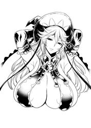 areolae armpits arms_behind_head breasts elbow_gloves female granblue_fantasy long_hair looking_at_viewer magisa magisa_(granblue_fantasy) monochrome musashino_sekai smile solo