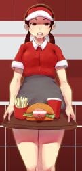 1futa bar_censor big_penis borusen breasts brown_eyes brown_hair burger burger_fucking censored clothed clothing commentary_request cowboy_shot cup disposable_cup employee_uniform erection fast_food fast_food_uniform food food_penetration french_fries futa_only futanari grey_skirt high-waist_skirt holding holding_tray human light-skinned_futanari light_skin low_twintails medium_breasts miniskirt mostly_clothed open_mouth original penis penis_in_food penis_out skirt smile solo standing tray twintails uniform visor_cap