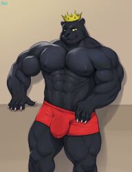 2024 abs absurd_res anthro barazoku big_bulge black_nose briefs bulge clothing crown danny_smoke_in_furry_land digital_media_(artwork) felid first_porn_of_character first_porn_of_franchise headgear hi_res huge_bulge king_magnum looking_at_viewer male mammal muscular muscular_anthro muscular_male neofi pantherine pecs portrait red_briefs red_clothing red_underwear shaded smile solo standing three-quarter_portrait underwear yellow_sclera