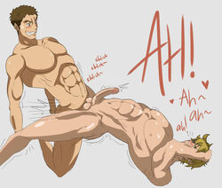 2boys abs anal bara blonde_hair brown_hair drooling eugene_sevenstark gundam happy_sex male male_focus male_only multiple_boys muscle muscles norba_shino nude pecs penis saliva short_hair tagme text yaoi zek