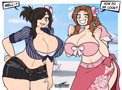 2girls aerith_gainsborough aerith_gainsborough_(floral_delight) aqua_eyes beach belt big_breasts bikini black_hair bow_ribbon braided_ponytail breasts brown_hair cleavage collarbone final_fantasy final_fantasy_vii final_fantasy_vii_rebirth final_fantasy_vii_remake flower_in_hair hand_on_hip happy hearts hearts_around_head hourglass_figure huge_breasts navel outdoors ponytail red_eyes shirt shorts side_slit silenttandem skirt smile sparkles swimsuit thick_thighs thighs tied_shirt tifa_lockhart wide_hips