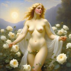 ai_generated belly blonde_hair blue_eyes breasts curly_hair curvy female flower flowers lips long_hair medium_breasts navel nipples nude presenting realistic rose_(flower) smile solo white_rose william_bouguereau