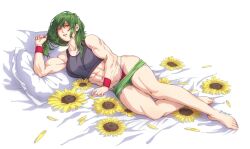 1girls 2d abs artist_name artist_signature bare_shoulders barefoot bed blush female gauntlets green_hair kazami_yuuka looking_at_viewer lying lying_on_bed lying_on_side midriff muscles muscular muscular_female panties red_eyes short_hair shorts shorts_down smile solo source sportswear sunflowers touhou ultragruntyy underwear white_background yuka_kazami yuuka_kazami