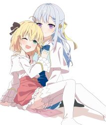 2girls absurdres ahoge anisphia_wynn_palettia black_bra black_ribbon black_socks blonde_hair blue_bow blue_bowtie blue_hair blue_skirt bow bowtie bra capelet closed_mouth commentary_request euphyllia_magenta fingering fingering_partner green_eyes hair_ribbon highres long_hair long_sleeves medium_hair multiple_girls no_shoes off_shoulder one_eye_closed open_mouth pink_skirt purple_eyes pussy_juice pussy_juice_stain ribbon saliva shirt simple_background skirt smile socks soha_(sirohase) tensei_oujo_to_tensai_reijou_no_mahou_kakumei thighhighs underwear white_background white_capelet white_shirt white_thighhighs yellow_ribbon yuri