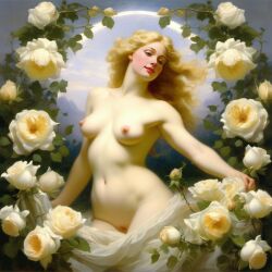 ai_generated belly blonde_hair blue_eyes breasts curly_hair curvy female flower flowers lips long_hair medium_breasts navel nipples nude presenting realistic rose_(flower) smile solo white_rose william_bouguereau