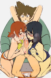 1boy 2girls black_eyes blush bra breasts brown_eyes brown_hair cum cum_on_breasts cumshot digimon digimon_adventure_tri. double_paizuri facial female glasses human kenno_arkkan long_hair male meiko_mochizuki multiple_girls multiple_paizuri nipples paizuri panties penis short_hair sitting smile sofa sora_takenouchi straight taichi_yagami teamwork testicles trio underwear