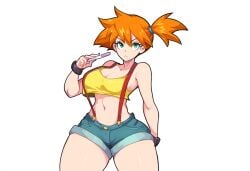 ai_generated curvy female frown implied_pregnancy kasumi_(pokemon) large_breasts mullon novelai orange_hair pokemon pregnancy_test shorts solo suspenders thick_thighs