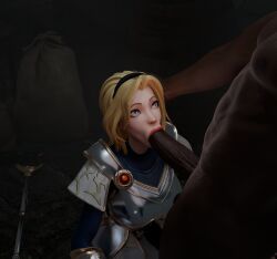 3d 3d_(artwork) armor blender blonde_hair blowjob blowjob_face blue_eyes dark-skinned_male demacia female_focus hand_on_head interracial league_of_legends league_of_legends:_wild_rift light-skinned_female luxanna_crownguard oldbloodnsfw oral oral_sex riot_games