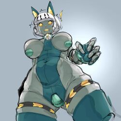 ! 1girls 2024 big_breasts breasts cat_ears featureless_breasts female female_focus gradient_background lico82392913 looking_at_viewer looking_down robo-fortune robot robot_girl skullgirls solo solo_focus twitch_lines twitching wide_hips worm's-eye_view