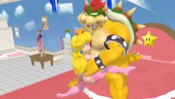 bed bowser hinjy4 indoors mario_(series) nintendo princess_peach size_difference stockings super_mario_bros. thick_thighs