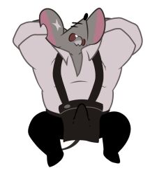 2024 anthro biped black_nose boner bottomwear bulge cheesemaster_(cookie_run) clothing cookie_run cywolf49 erection grey_body male male_only mammal murid murine pants rat rodent shirt simple_background solo suspenders topwear white_background