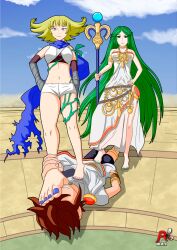 1boy 2girls arlioth barefoot denki_anma dominant_female femdom foot_domination footjob footjob_over_clothes goddess green_hair kid_icarus kid_icarus_uprising male nintendo on_back palutena phosphora pit pit_(kid_icarus) shorter_male stepped_on stepping_on_penis submissive_male tall_female taller_female taller_girl teamwork trample trampling