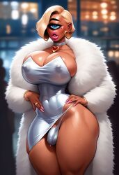 1futa ai_generated ai_hands big_breasts bimbo bimbo_lips bulge cerberuspup77926 cyclops dickgirl fur_coat futanari panties_bulge thick_thighs