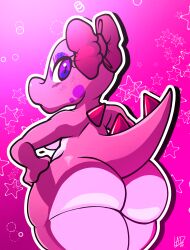 2d 2d_(artwork) anthro artist_signature ass ass_bigger_than_head big_ass birdetta birdo bow dinosaur fat_ass freckles hand_on_hip hips hips_wider_than_shoulders loogi_black looking_at_viewer looking_back mario_(series) pink_body tail thick_ass thick_thighs thighs_bigger_than_head